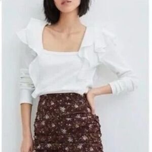 Veronica Beard White Ruffled Poplin Top